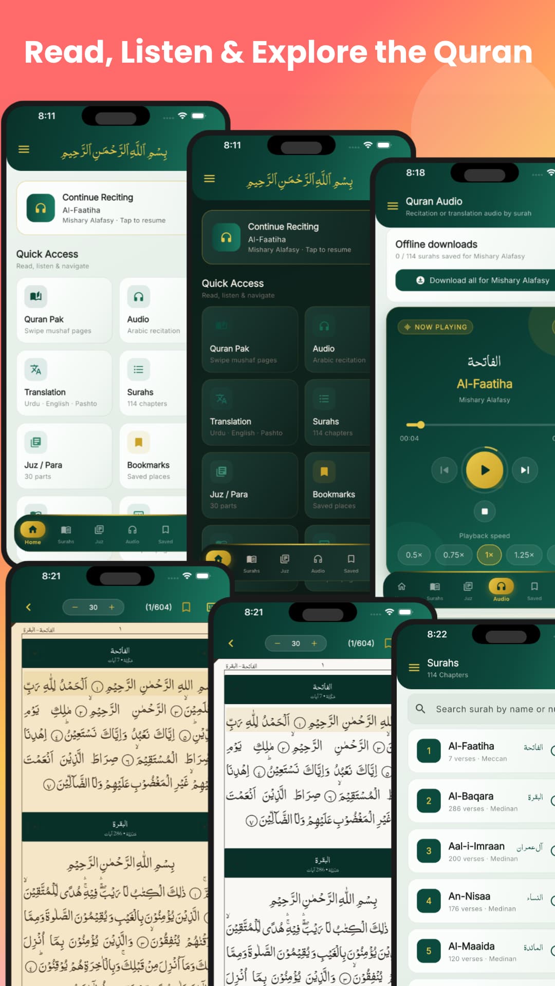 Play Store screenshot — home, audio player, Mushaf reading and Surah list