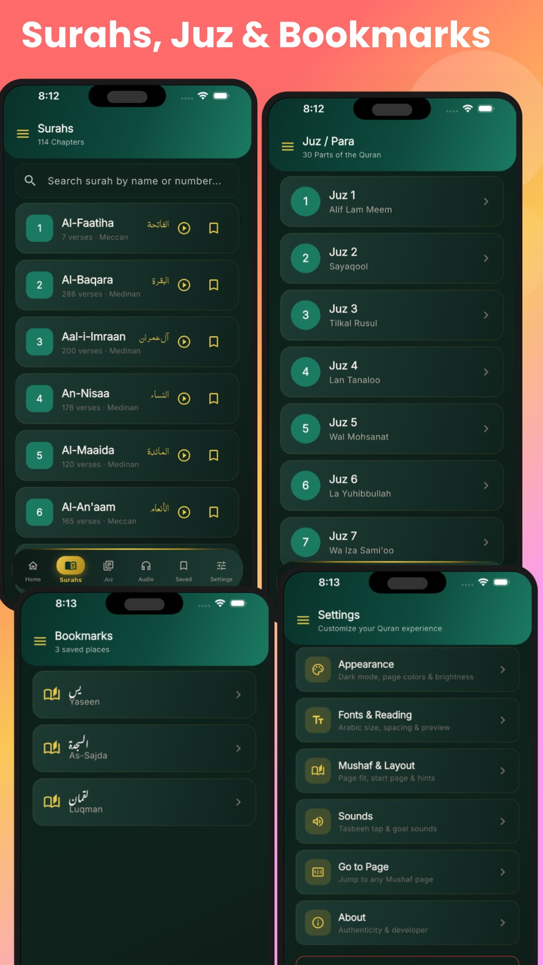 Play Store screenshot — Surah list, Juz navigation, bookmarks and settings