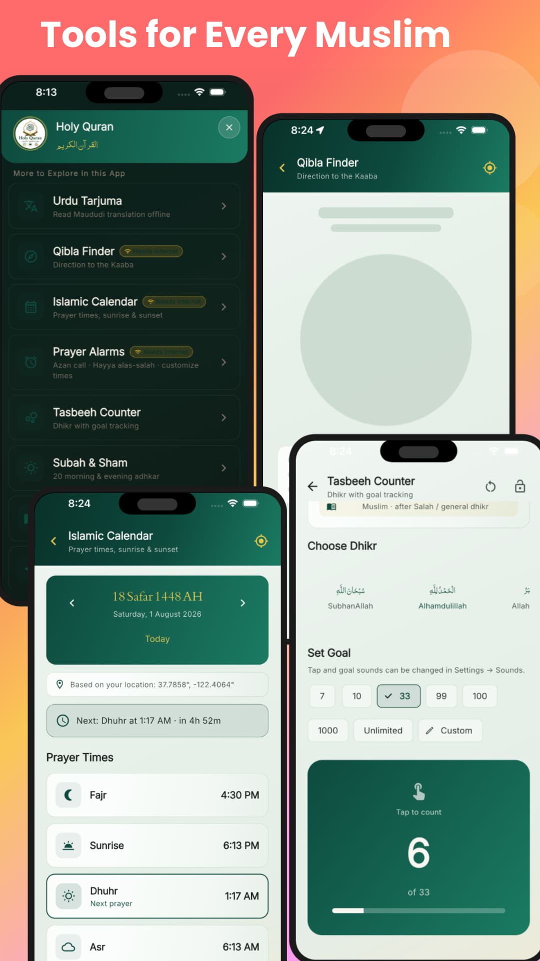 Play Store screenshot — Qibla, prayer times, calendar and tasbeeh
