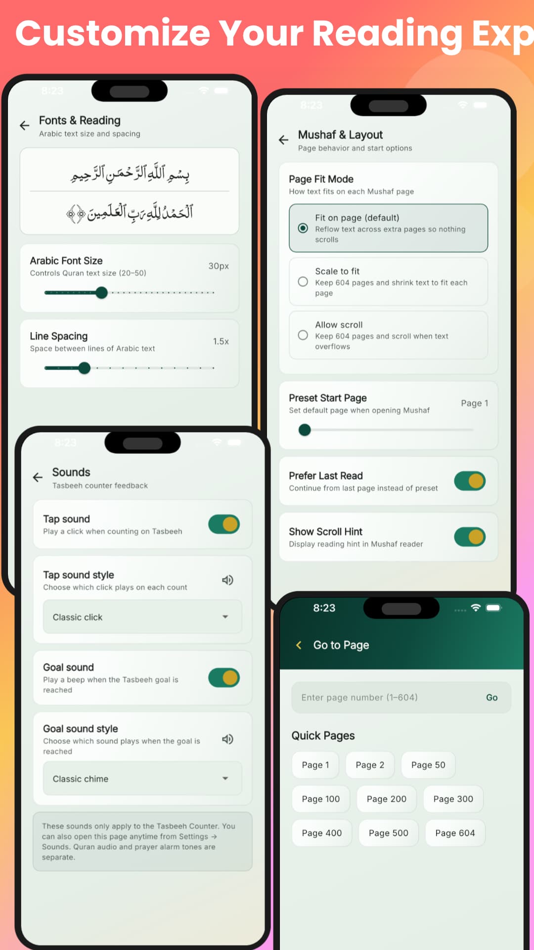 Play Store screenshot — fonts, layout, sounds and go to page